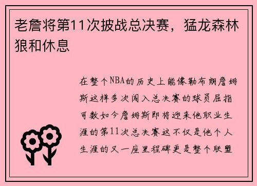 老詹将第11次披战总决赛，猛龙森林狼和休息